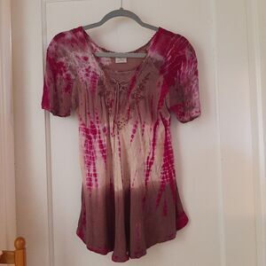 Advance Apparels "Free Size" Pink Tie-Dye Boho Peasant top  100% Cotton India